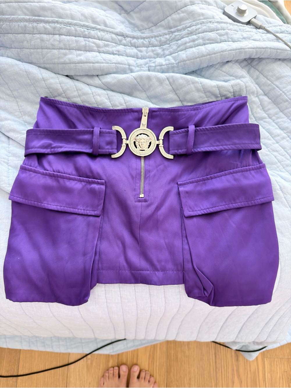 Versace Violet Cargo Shorts with Gold Medusa Buckle